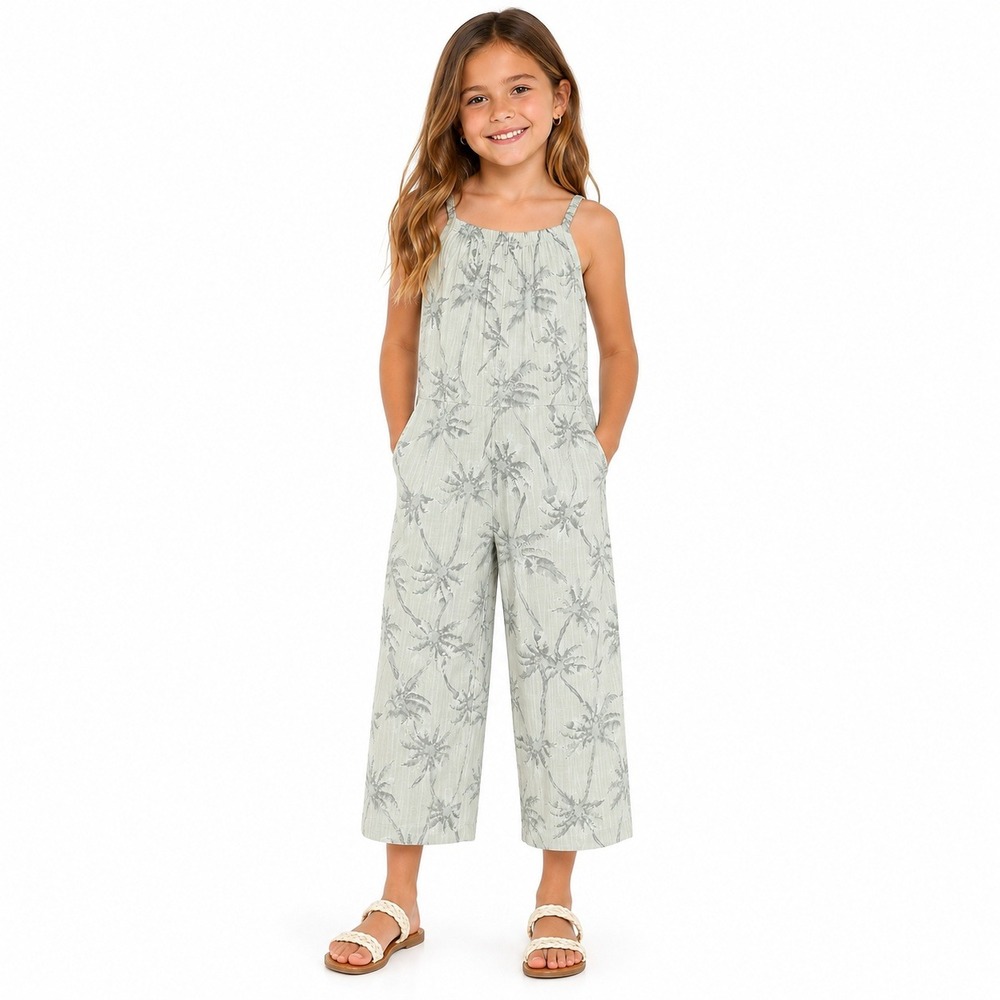 NWT Jessica Simpson Palm Tree Print Jumpsuit Cream Tropical Wide Leg Size 5/6